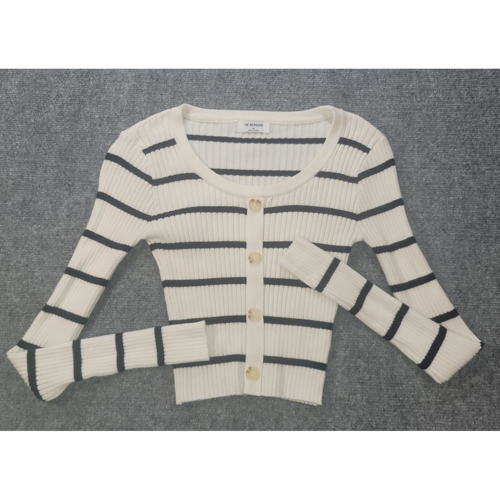 The Workshop Cream Black Striped Ribbed Knit Button Front Cardigan Top Size M